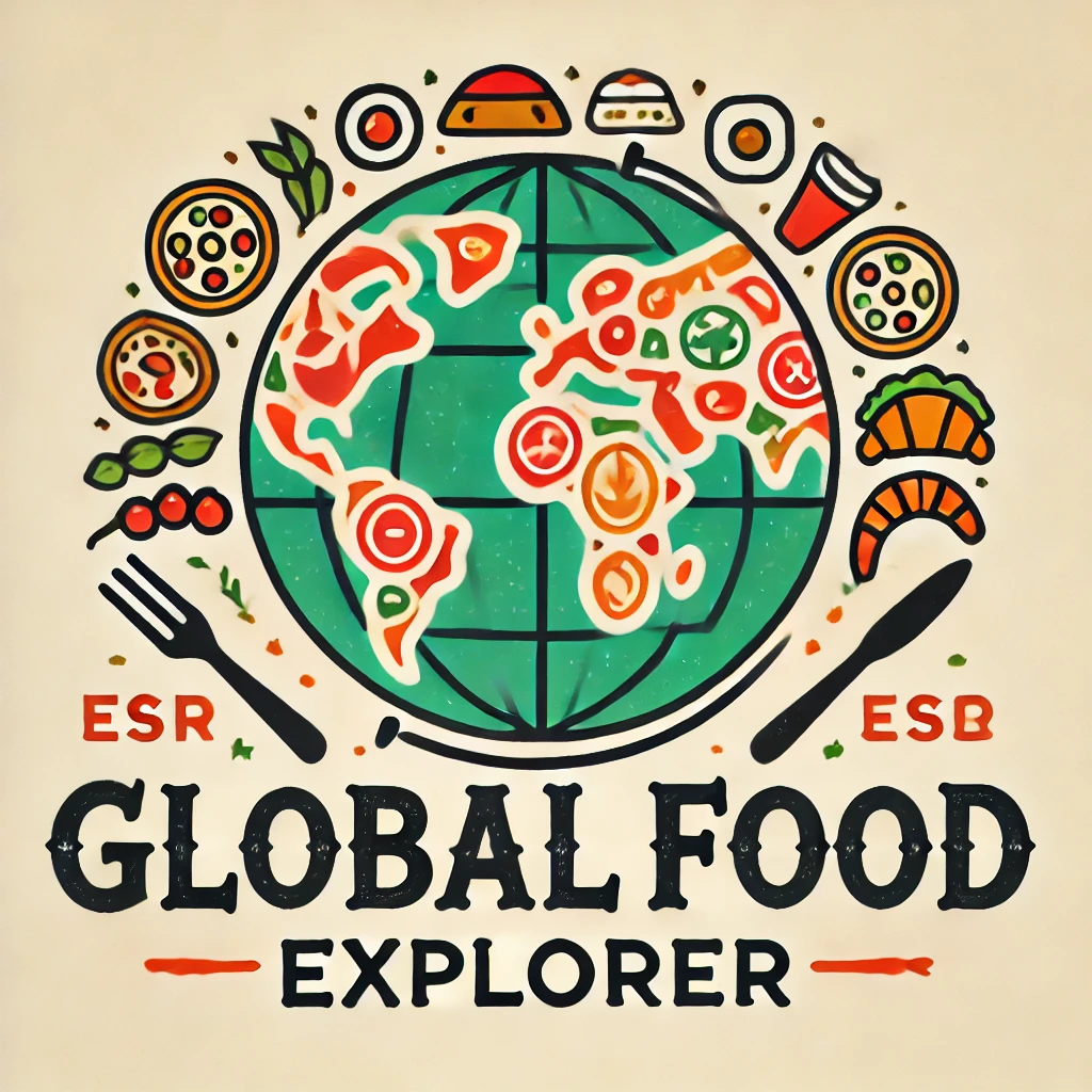 Logo for a global food website featuring a globe outline with a world map.